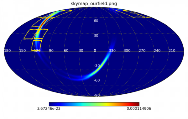 Carte d’exposition de SVOM/Mini-GWAC (rectangles en couleur jaune) superposée à la boite d’erreur de GW170104. L’échelle de couleur est une représentation de la probabilité de la position de la source à l’origine du signal d’onde gravitationnelle détectée par LIGO. Credit@SVOM