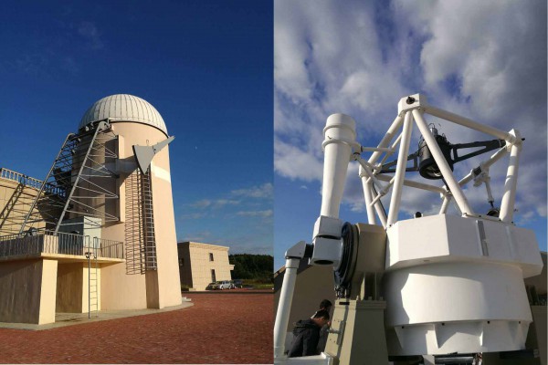 The dome and Chinese ground-based telescope (C-GFT), 1 m in diameter, at the Jilin Observatory (Jilin, China).