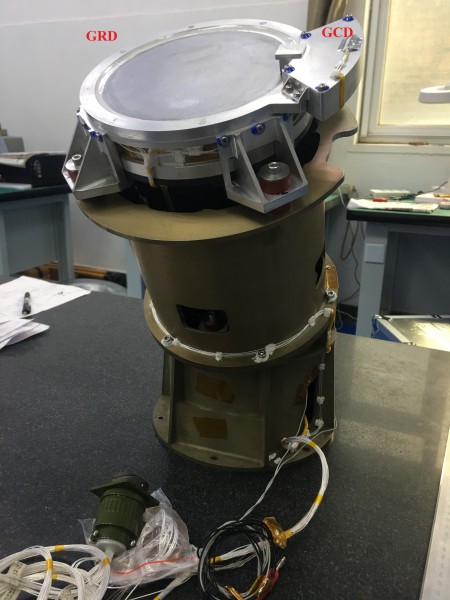 One of the three modules of the Gamma Ray Monitor (GRM). The detector (GRD) is a 200 cm2 Sodium Iodide (NaI) crystal coupled to a calibration detector (GCD) located on the edge. @IHEP