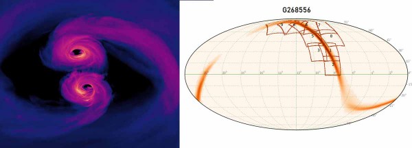 Left: Artist's impression of the fusion of two black holes producing a gravitational wave. Right: SVOM / Mini-GWAC exposure chart (yellow colored rectangles) covering the GW170104 wave error box. The color scale is a representation of the probability of the position of the source at the origin of the gravitational wave signal detected by LIGO. Credit @ SVOM
