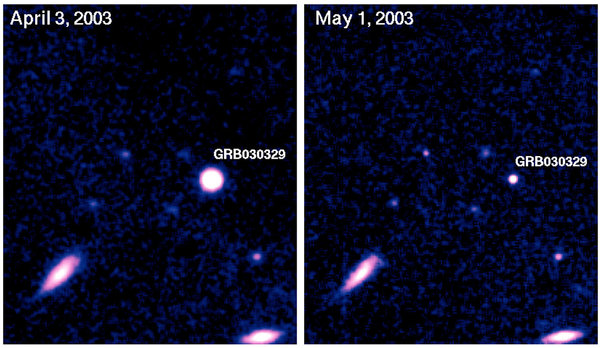 A gauche, Cliché obtenue le 3 avril 2003 de l’émission rémanente optique du sursaut apparu le 29 mars 2003. A droite, un mois plus tard, l’émission est toujours visible mais plus faible car elle décroit progressivement. Source : ESO.