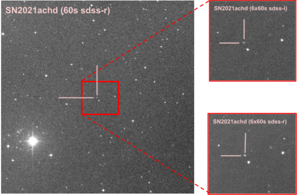 Figure 1: Optical follow-up images (sdds-r and sdss-i) of the supernova SN2021achd with the IRiS telescope located at the Observatoire de Haute Provence. These observations were triggered by a simulated SVOM alert indicating the position of a gamma-ray burst at the coordinates of SN2021achd.