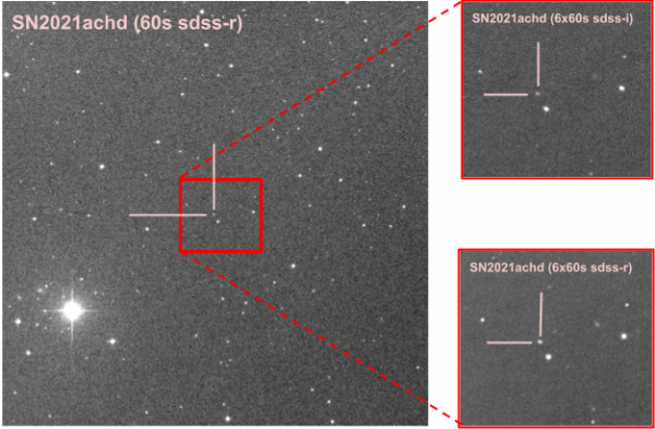 Figure 1: Images de suivi optique (sdds-r et sdss-i) de la supernova SN2021achd avec le télescope IRiS situé à l'Observatoire de Haute Provence. Ces observations ont été déclenchées suite à une alerte simulée SVOM indiquant la position d'un sursaut gamma aux coordonnées de SN2021achd.